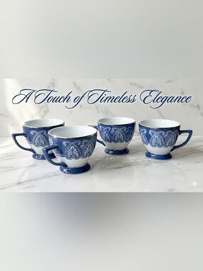 Bombay Company Vintage Blue & White Arabesque Tile Teacups Silver Trim Set of 4